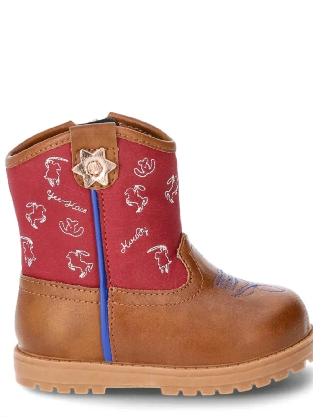 Children's Brown and Red Cowboy Boots with Blue Accent Size 4